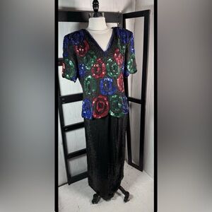 VTG Stenay 2 Pieces: Multicolour Silk Beads & Sequins Top & Maxi Skirt XL Mint